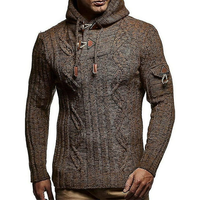 Sweater Men's Solid Color Long-sleeved Hooded Horn Button Slim-fit Knitted Pullover