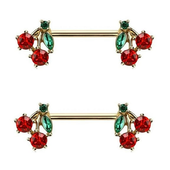 Body Accentz Pair of Pierced CZ Cherry Nipple Piercing Rings Steel Barbells - 14Gn goldtone