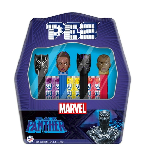 PEZ Candy Black Panther Gift Tin, 4 Candy Dispensers Plus 6 Rolls Assorted Fruit Candy, 1 Count, 1.74 oz
