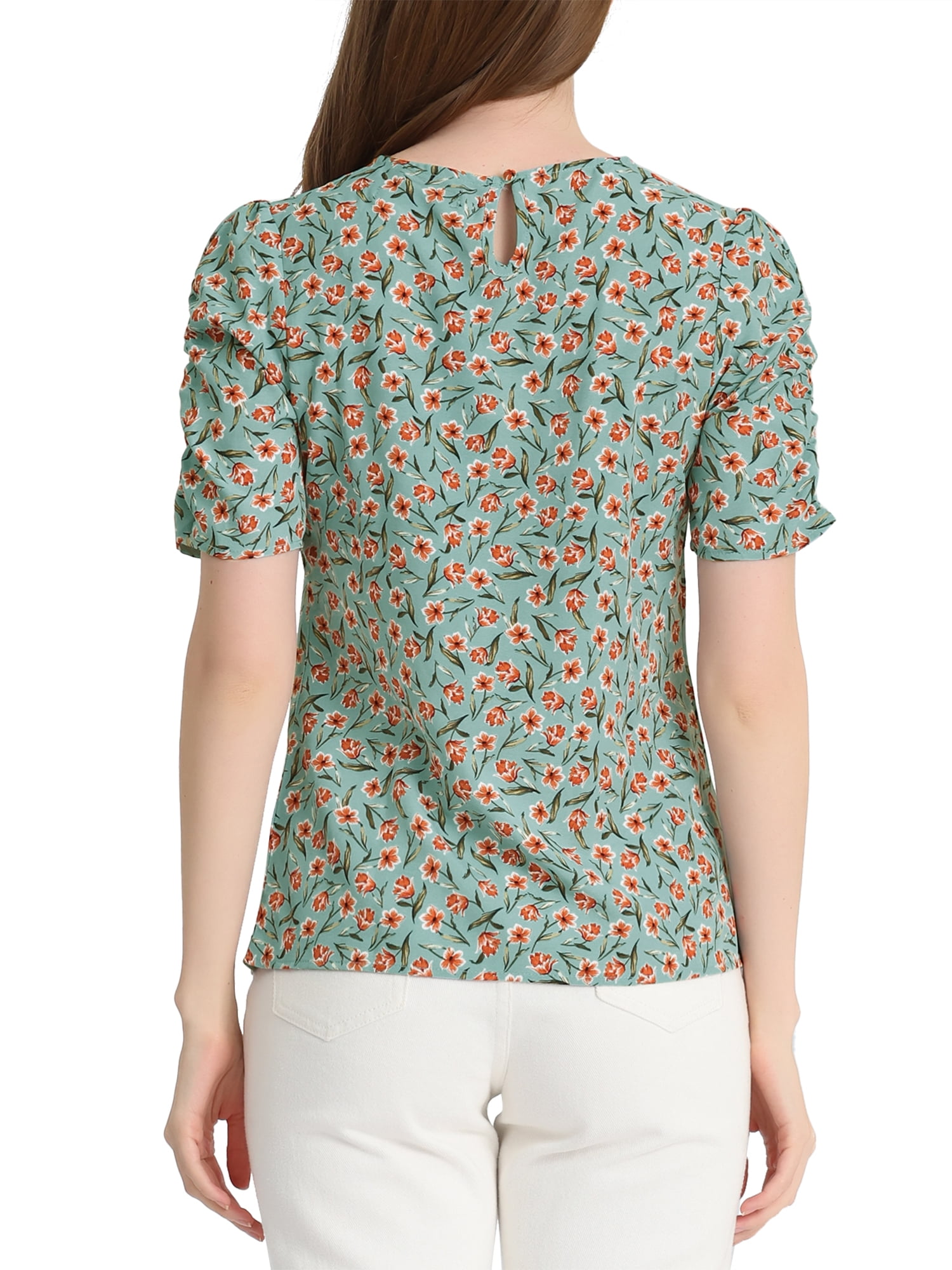DARING DIVA Floral Crew Neck Shirred Short Sleeve Casual Top XL Teal