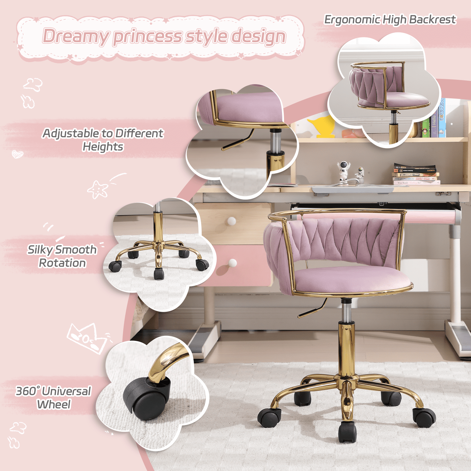 Guyou Kids Desk Chair, Velvet Rolling Swivel Children Chair, Adjustable Student Task Chair, Curved Woven Backrest Vanity Chair for Bedroom Dormitory Children Gifts, Light Purple