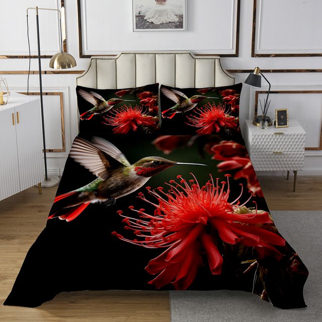 YST Bird Quilt Set Sparrow Bedspread Set Floral Decor Red Flowers Coverlet Set Twin With 1 Pillowcase