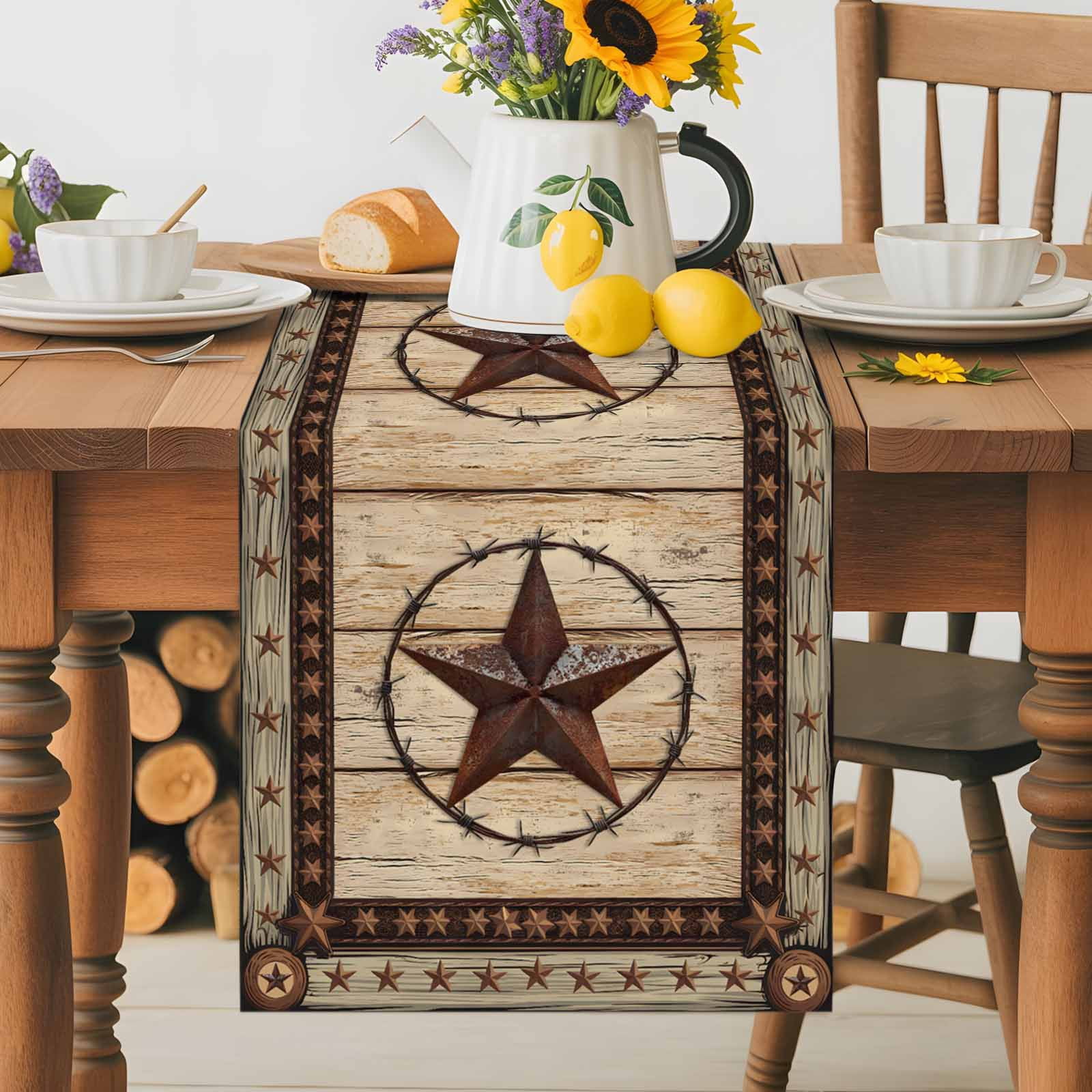 Retro Rustic Texas Country Star Table Runner 90 Inches Long, Farmhouse Vintage Wood Barn Table Runners Tabletop Scarf Kitchen Dining Tables Decoration for Home Party Indoor Outdoor