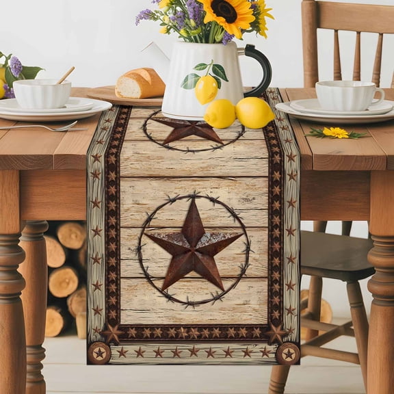 Kitchen Table Runner 36 Inches Long, Retro Rustic Texas Country Star Cotton Linen Table Runners for Dining Tables Home Holiday Party Wedding, Farmhouse Vintage Wood Barn Tabletop Scarf