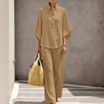 thumbnail image 2 of Women's Waffle Sets 2 Piece Batwing Sleeve Button Down Shirt Pants Outfit Casual Summer Vacation Clothing Khaki L, 2 of 7