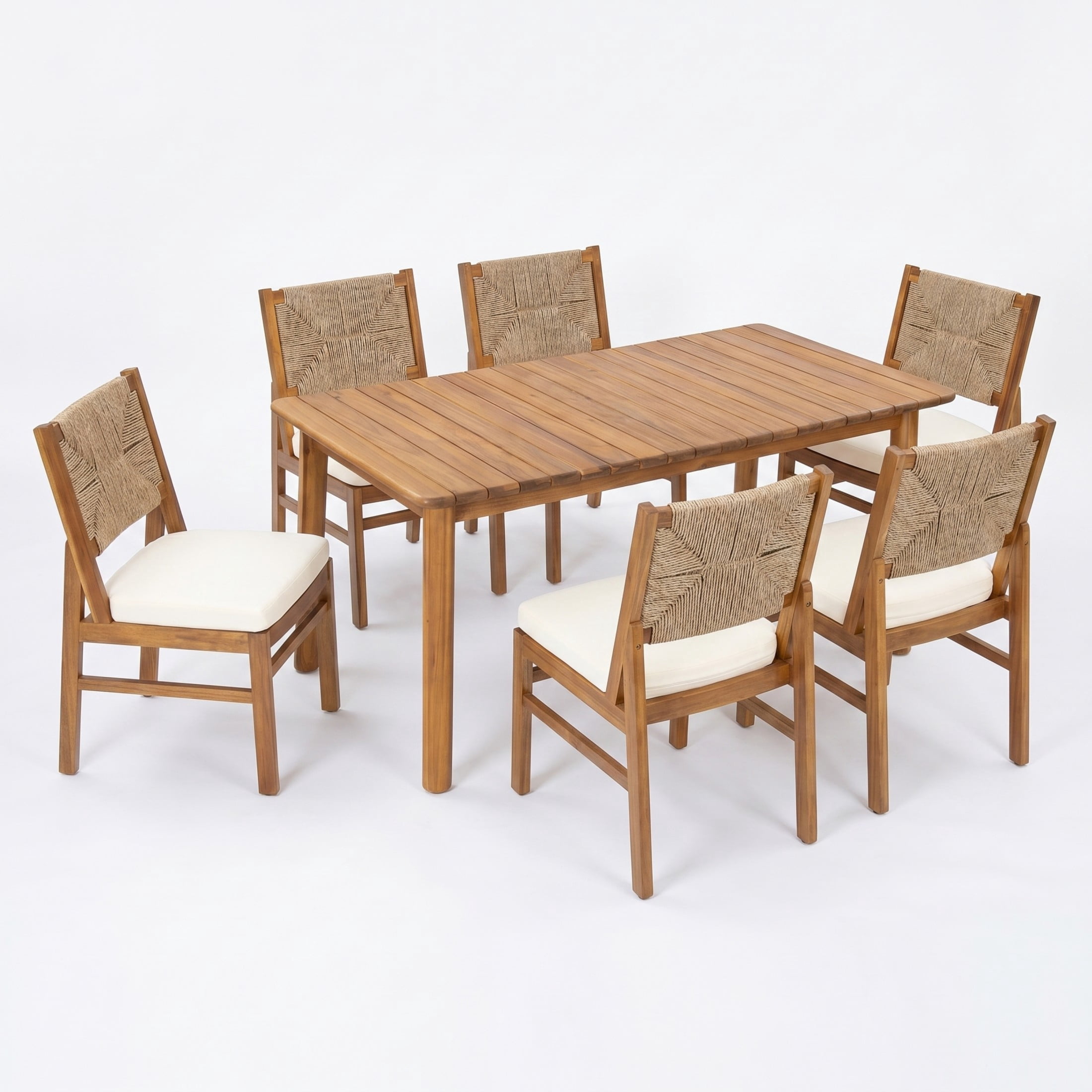 Christopher Knight Home 7-Piece Wood Outdoor Dining Set, Extendable Table with Cross Weave Wicker Chairs, Teak+Cream