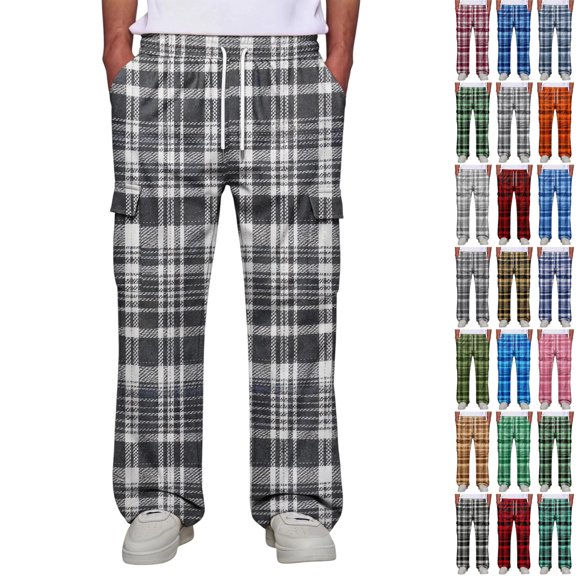 GrmtClth Adult Mens Cargo Pants Wide Leg Flannel Plaid Joggers Dual Side Cargo Pockets Elastic Waist Daily Lounge Pants Dark Gray 3XL