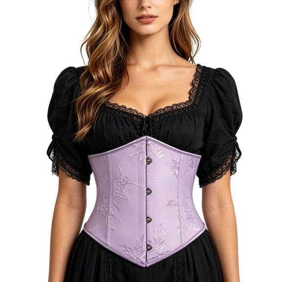 KHONTS Underbust Corset Belt for Women Floral Satin Waist Cincher Adjustable Back over Waist Trimmer Light Purple XS