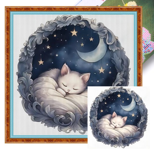 Hilo Algodón Bordado Punto Cruz Con Gato en La 11CT 50x50cm Blanco