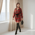 thumbnail image 2 of Women Plaid Polyester Shirt Dresses, Fall Winter Single Breasted Tie Waist Long Sleeve Midi Shirt Dress, 2 of 7
