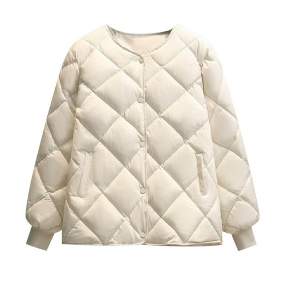 XPMWRP Women's Quilted Casual Button Jacket Solid Color Long Sleeve Puffer Coats Padded Winter Warm Oversized Outwear with Pockets White L