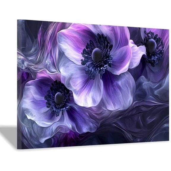 Mudket Purple Anemone Flowers Canvas Wall Art, Framed Floral Print, Ready to Hang Wall Decor for Living Room Bedroom, Abstract Modern Artwork - 12"L x 8"W