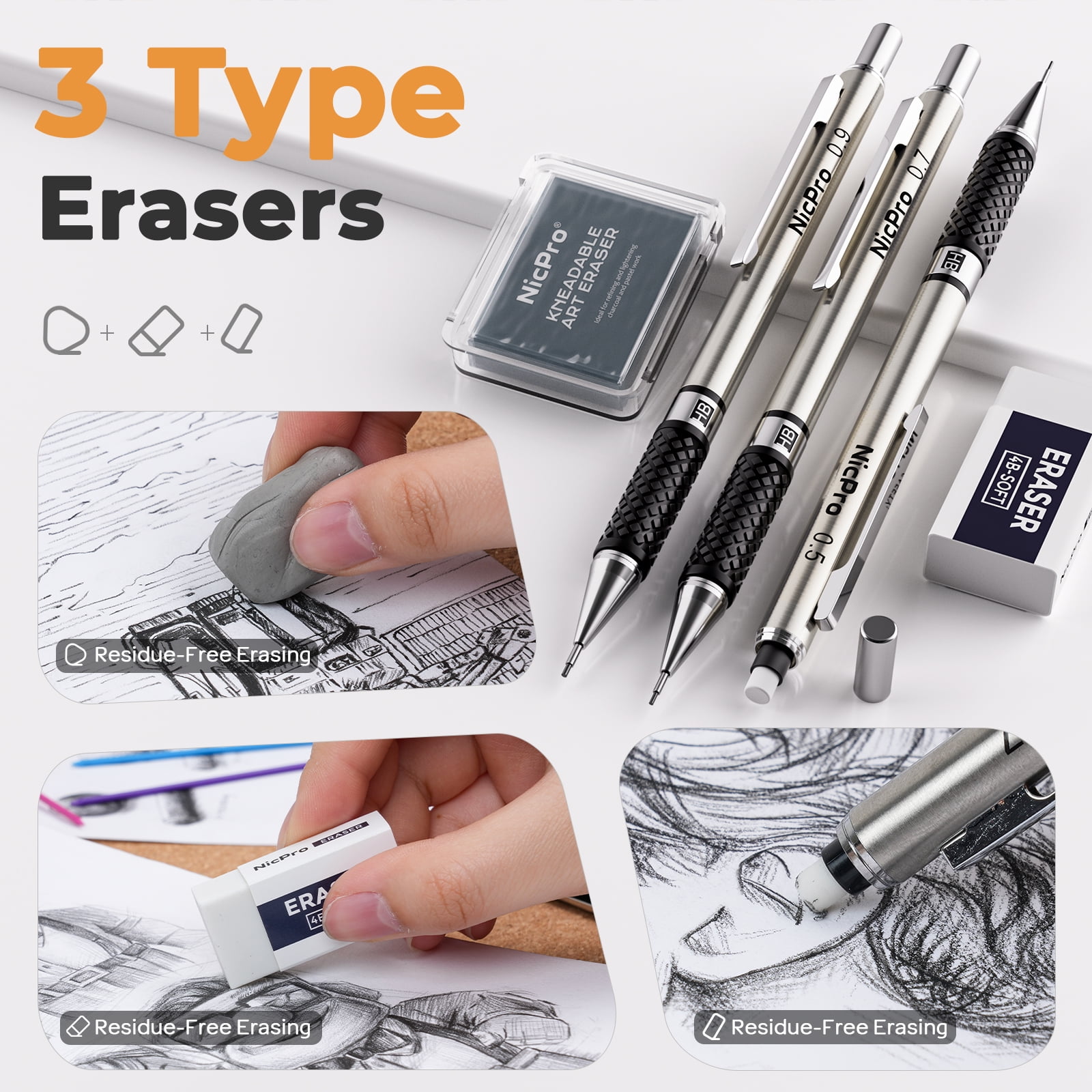 Nicpro 35PCS Art Mechanical Pencil Set, 3 PCS Metal Drafting Pencil 0.5 mm & 0.7 mm & 0.9 mm & 3 PCS 2mm Lead Holder (6B 4B 2B HB 2H 4H Colors) For Sketching Drawing With 20 Tube Lead Refills Case