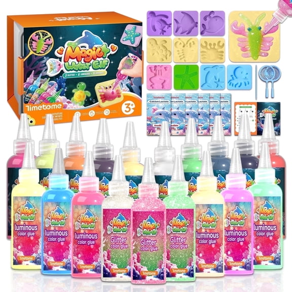 Timetome Magic Water Elf Toy Kit, DIY Squishy Craft Kit with 20 Gels & 10 Molds, Glow & Glitter Water Pets, Birthday Gift & Summer Activities, Ages 3
