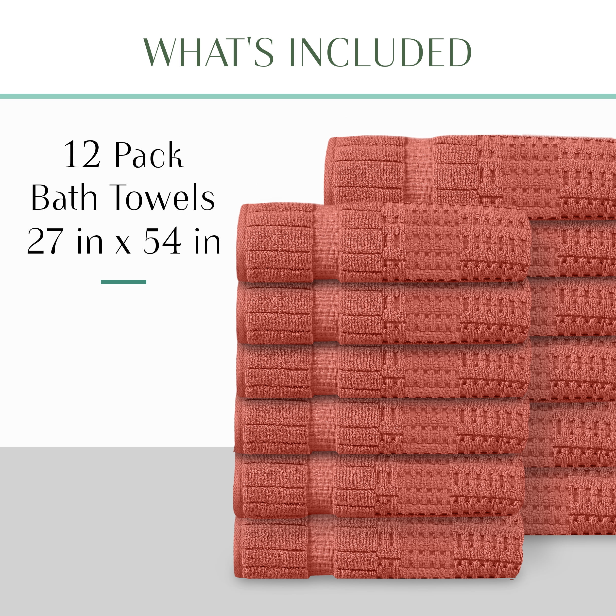 Home Weavers Willow Bath Towels Set of 12, 100% Cotton Zero Twist, 630 GSM, Soft Absorbent Quick Dry, 27x54 inch, Coral