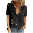 thumbnail image 1 of Birdeem Women Print Short Sleeve Loose Button Turndown Collar Shirt Solid Blouse Tops, 1 of 8