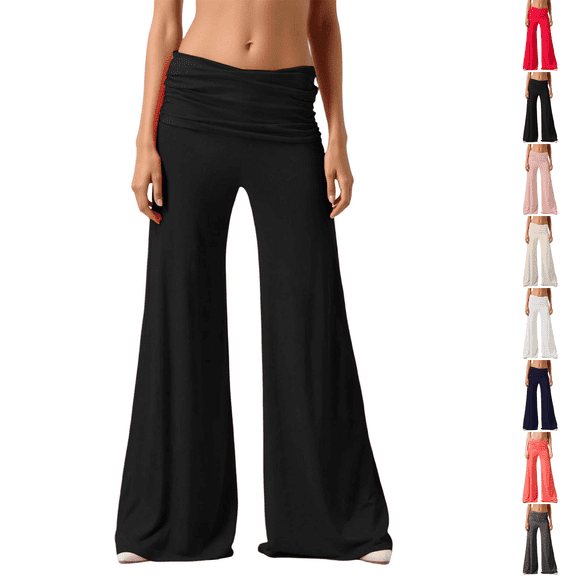 Fold Over Flare Yoga Pants Womens High Waisted Wide Leg Leggings Pilates Workout Gym Casual Black S