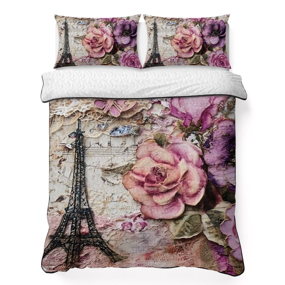 Quilts Twin XL Size Bedding Set, Retro Country Floral Lightweight Quilted Comforter, Watercolor Flowers Eiffel Tower Bohemia Soft Bedspread Coverlet with Pillow Covers for All Season, 68" x 98"