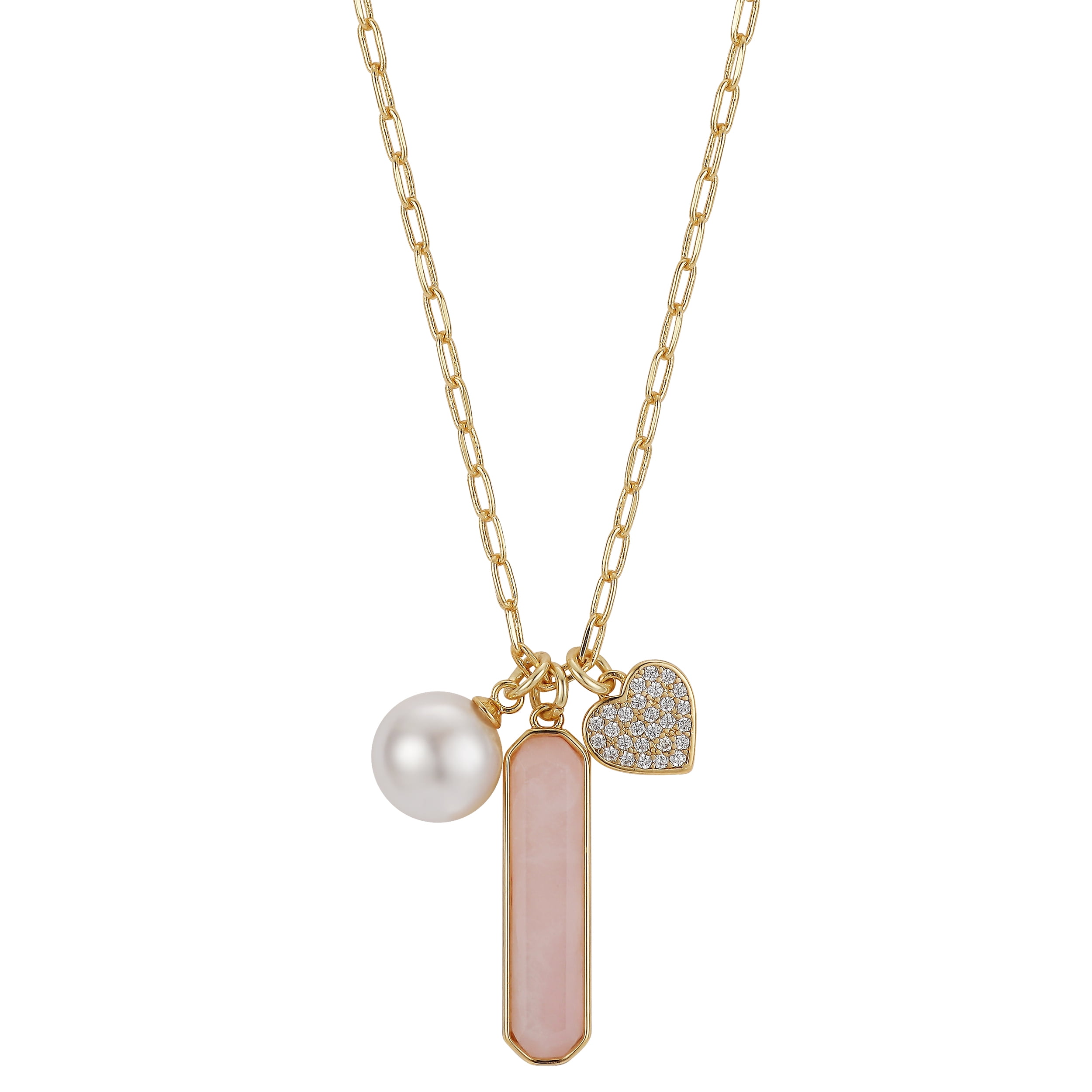 14kt Gold Flash-Plated Genuine Rose Quartz Stone and Crystal Heart Pendant Necklace, 18" + 2" Extender