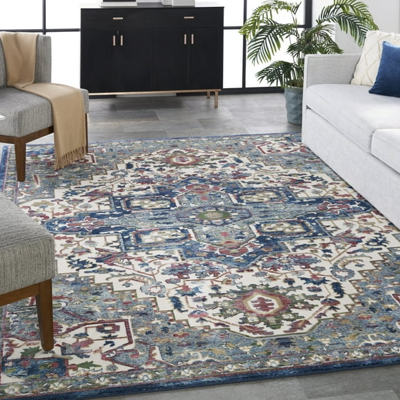 Nourison Global Vintage Bordered Traditional Ivory Navy 8'10" x 11'10" Area Rug, (9' x 12')