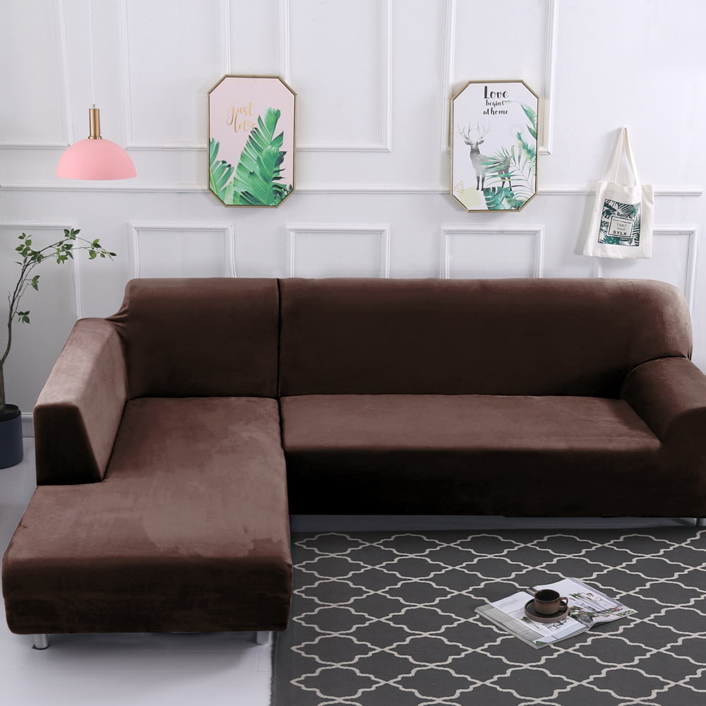 SHANNA Plush L Shape Sectional Couch Covers, Stretch Thick Velvet Sofa Furniture Protector Anti-Slip Sofa Covers (L-shape 2 Seater+2 Seater,Coffee)