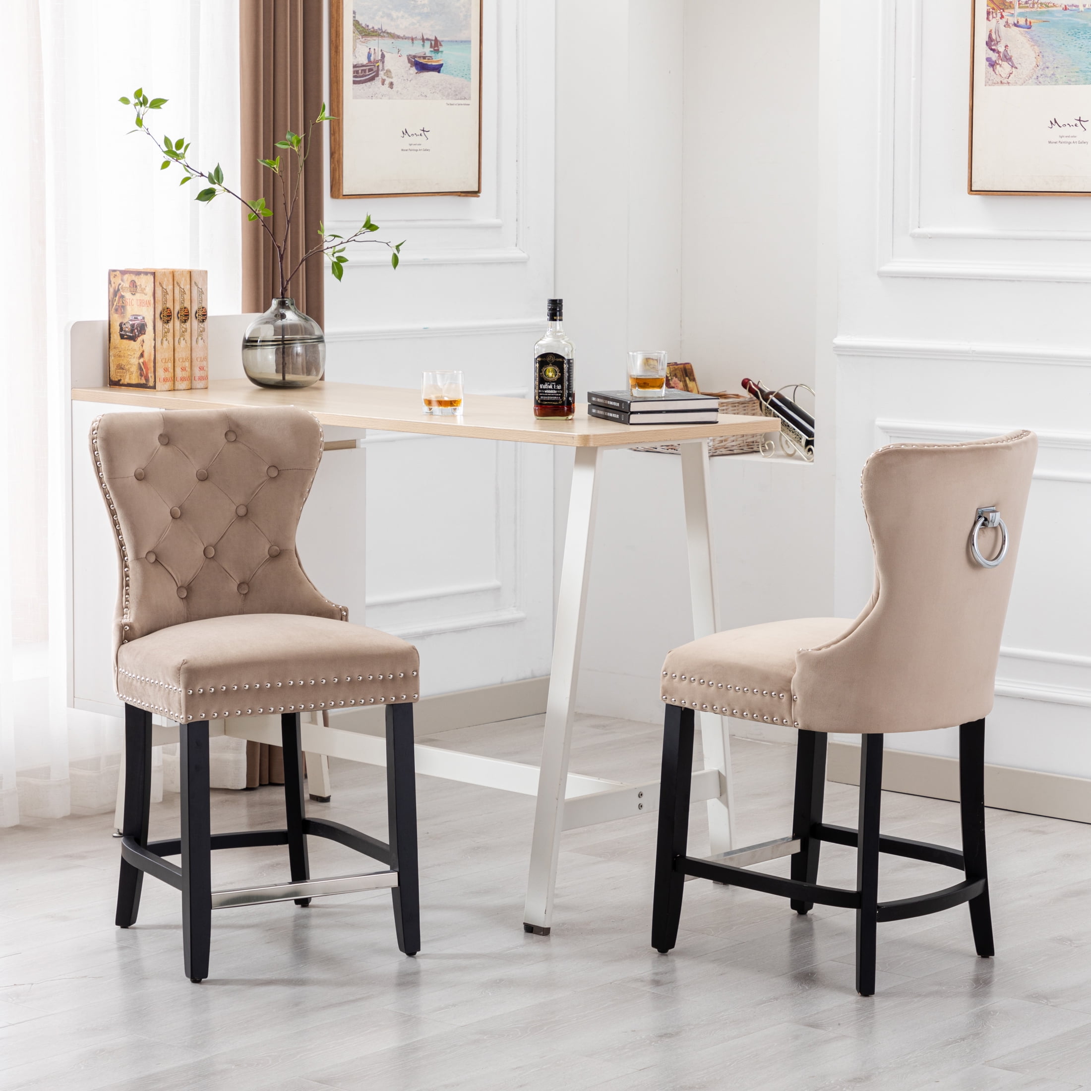 Westin Outdoor 24" Tufted Velvet Bar Stool (Set of 2), Black/Velvet Taupe