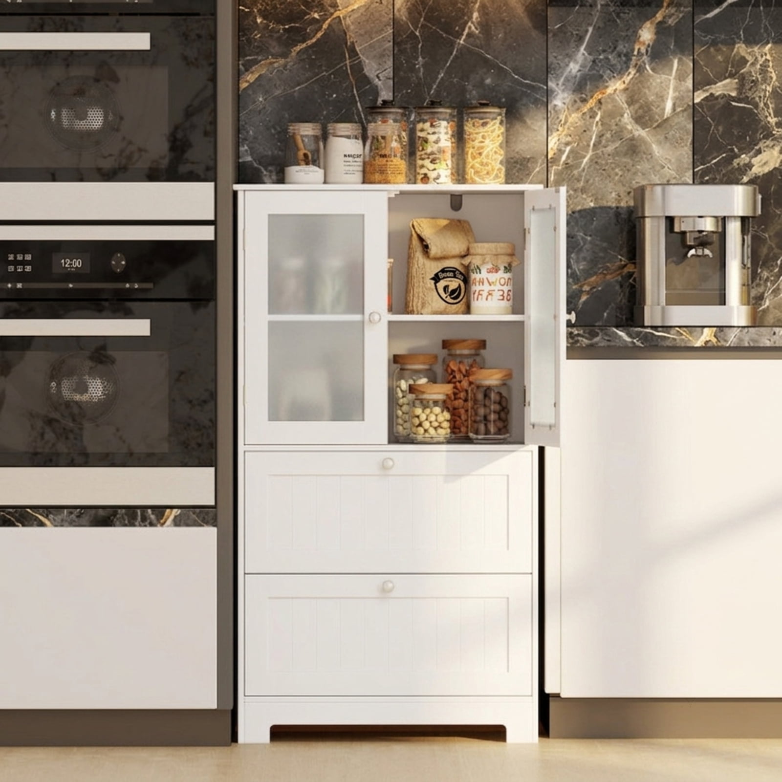 Vebreda Freestanding Bathroom Storage Cabinet, Bathroom Floor Storage Cabinet Freestanding Cupboard Pantry with 2 Drawers and 2 Frosted Glass