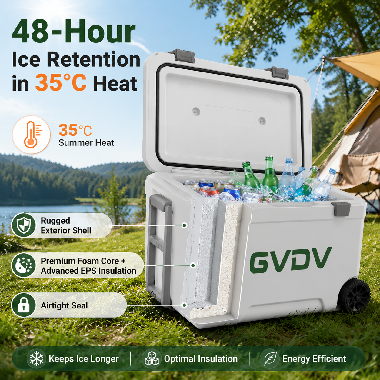 GVDV 45 Qt Hielera con Ruedas, Caja de Hielo Portátil con Retención de Hielo por 48 Horas, Aislada a Prueba de Fugas para Camping, Pesca, Playa y Picnic 3