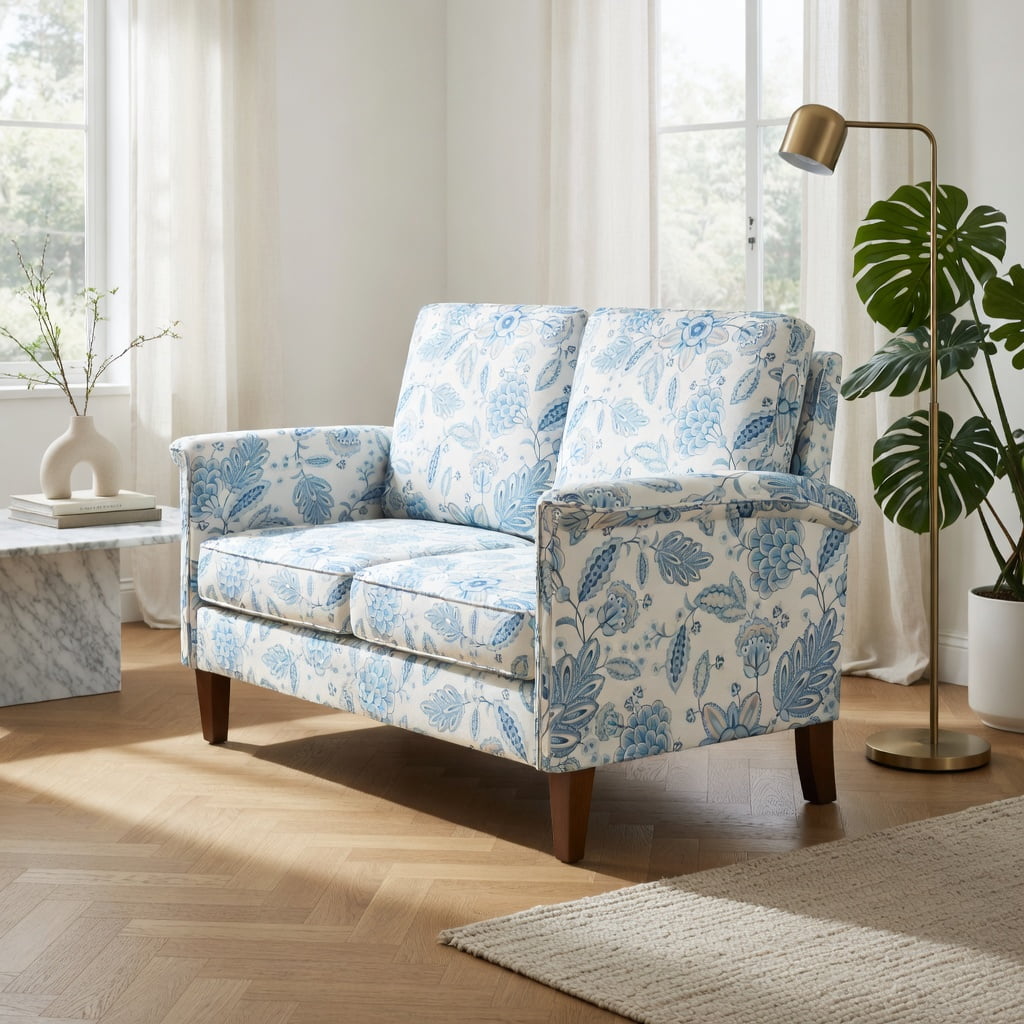 Hommoo Farmhouse Boho Accent Chair with Solid Rubber Wood Legs, High-Back Linen Upholstery, Ergonomic Design, Living Room, Bedroom, Blue