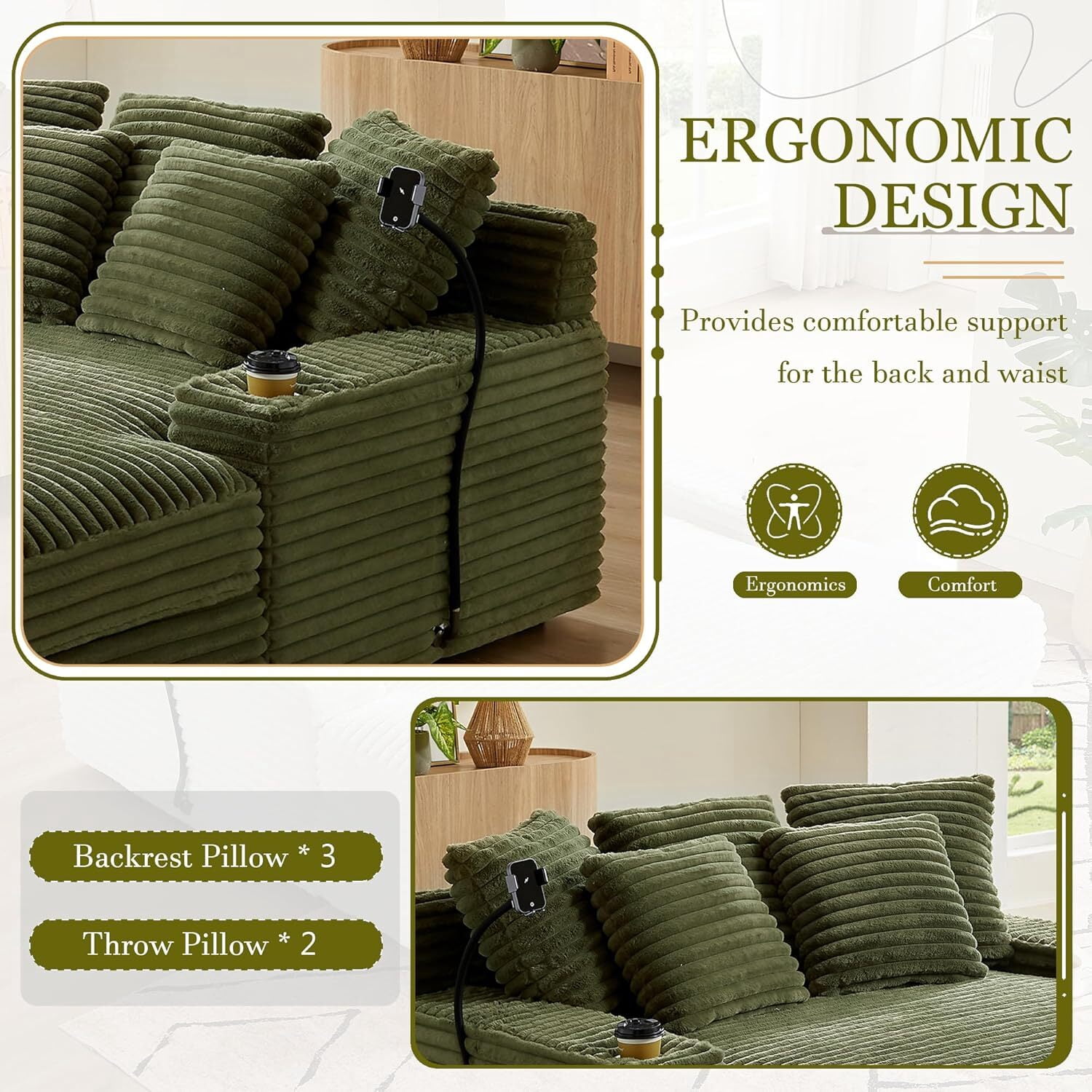 63" x 65" Oversized Chaise Lounge Chair, Corduroy Upholstered Sleeper Sofa with Wireless Charging and 2 Cup Holders, Sleeper Couch for Living Room, Bedroom, Home Theater