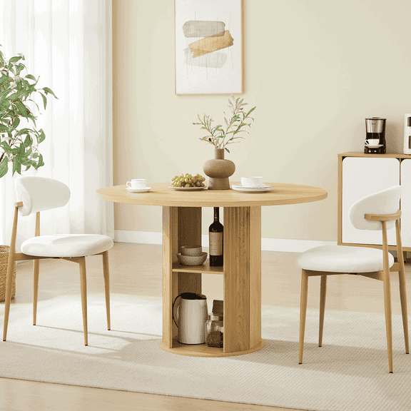 YYAo 47.24" Round Dining Table with Two Chairs, Dining Table for Dining Rooms, Double-Tiered Storage Shelf Table with Modern Farmhouse Style, Natural