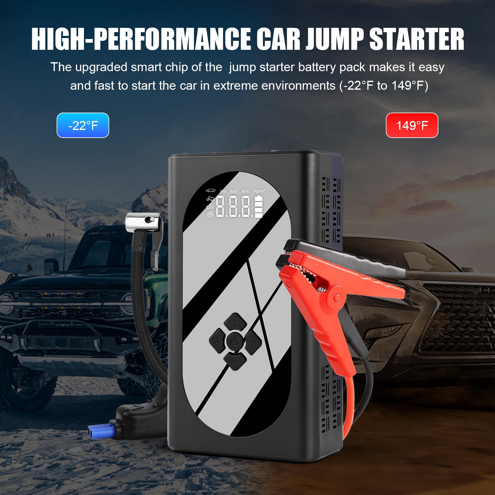 Car Battery Jump Starter, 3000A 12V, with Air Compressor, USB Power Bank