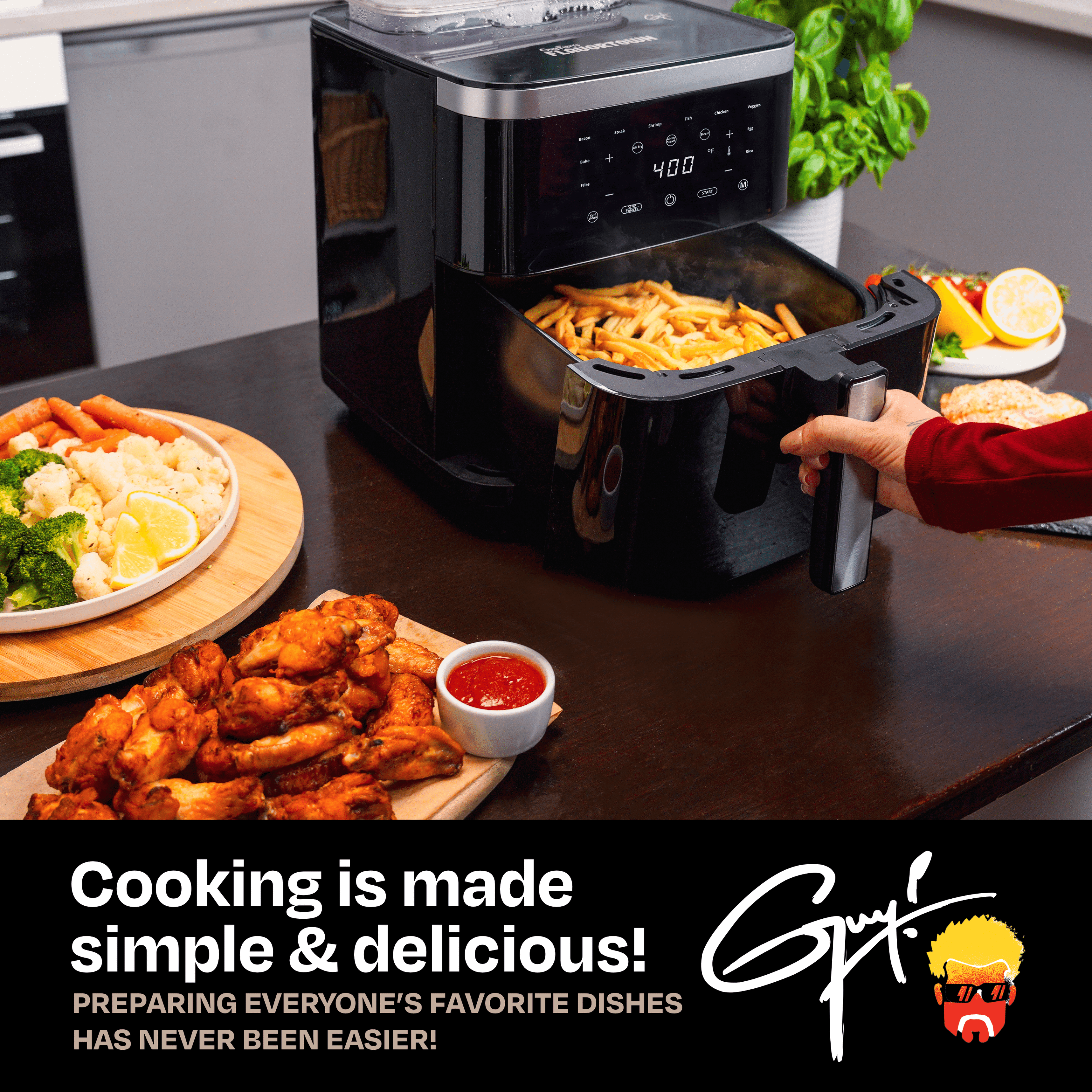Guy Fieri's Flavortown 6.5 Quart Steam Air Fryer with Moisture Lock Technology –  Programmable Steamer and Air Fryer Combination, Temperature Control, 10-Presets, 1700 Watts