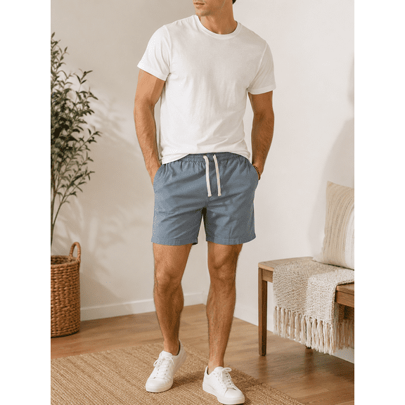 Men’s Vintage Style Pull-On Shorts 7 Inch Inseam Drawstring Waist Blue Size Small
