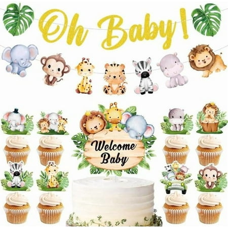 LUU-Oh Baby Banner Sign Jungle Animals Forest Wild Safari Themed Banner Bunting Welcome Baby Cake Topper Cupcake Toppers Baby Shower Party Decorations Supplies_SAI