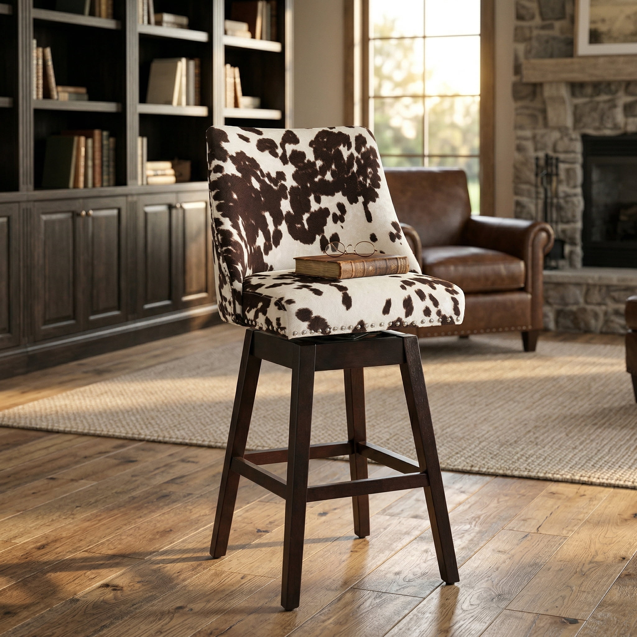 Guyou 27.5"Counter Height Bar Stools Set of 2, Nailhead Trim Velvet Barstools with Back and Wood Legs, 360°Swivel Upholstered Stool Chairs for Kitchen Island Breakfast Bar Restaurant, Cow