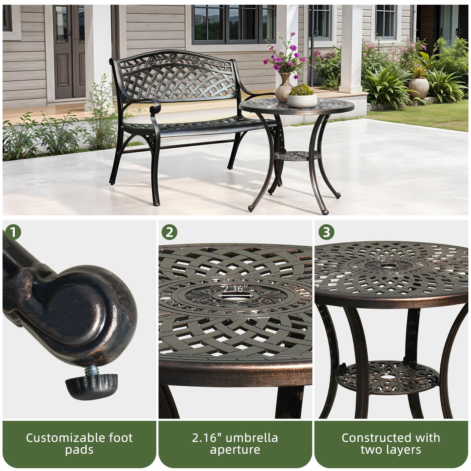 Uforic Cast Aluminum Outdoor Metal Garden Bench with Round Patio Dining Table with Umbrella Hole,Outside Dining Bench Set
