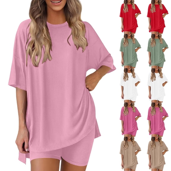 Hueook 2 Piece Sets For Women Women's Summer Solid Color Round Neck Five Quarter Sleeved shorts Pants Two-piece Set Khaki M