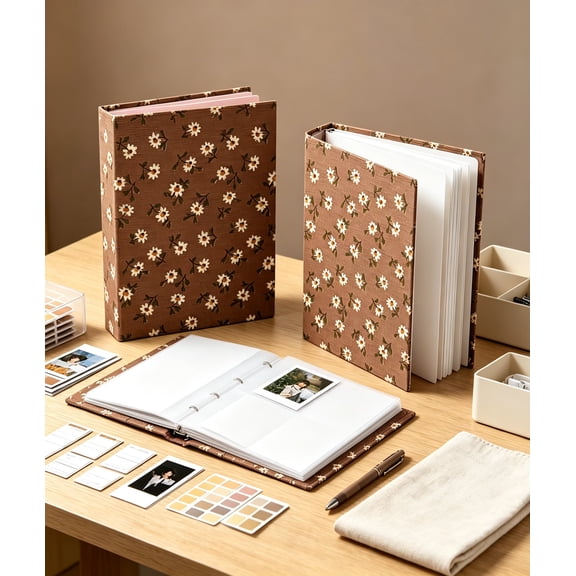 200-Pocket Mini Photo Album for 3 Inch Pictures, Brown Corduroy Daisy Floral Cover, Small Insert Photo Book for Polaroid Instax, Wedding Travel Kids Memory Keepsake