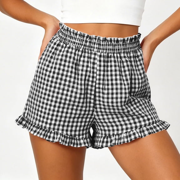 Mifsaly Plaid Shorts Women Ruffle Hem Smocked Elastic Waist Lounge Shorts Comfortable Loose Casual Beach Vacation Summer Clothes with Pockets Black,L