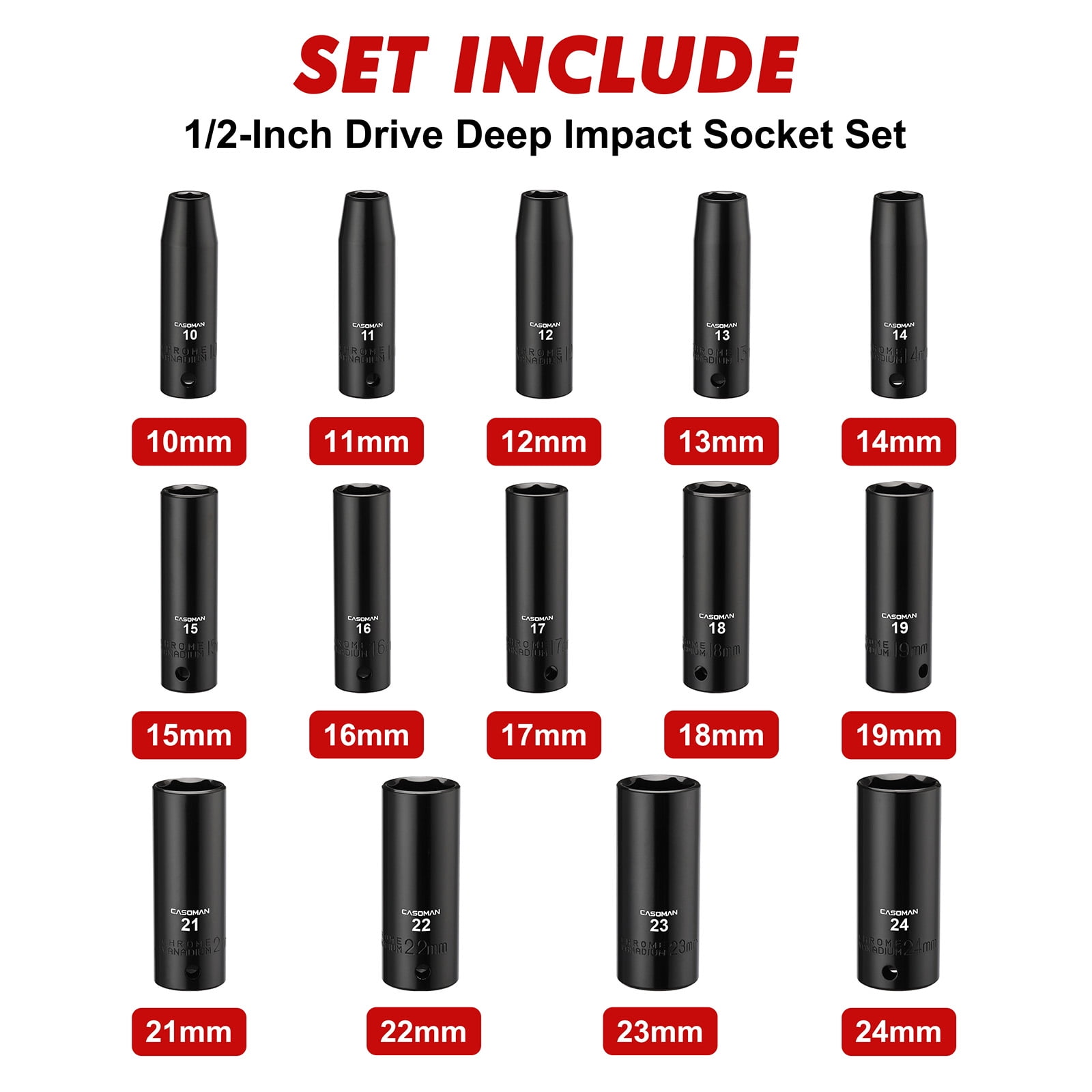 CASOMAN 14-Piece 1/2-inch Drive Deep Impact Socket Set,  Metric, Cr-V Steel, 6-Point, 10mm-24mm