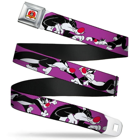 Looney Tunes Belt, Seatbelt Buckle Belt, Sylvester The Cat Poses Purple, 30 to 44 Inches