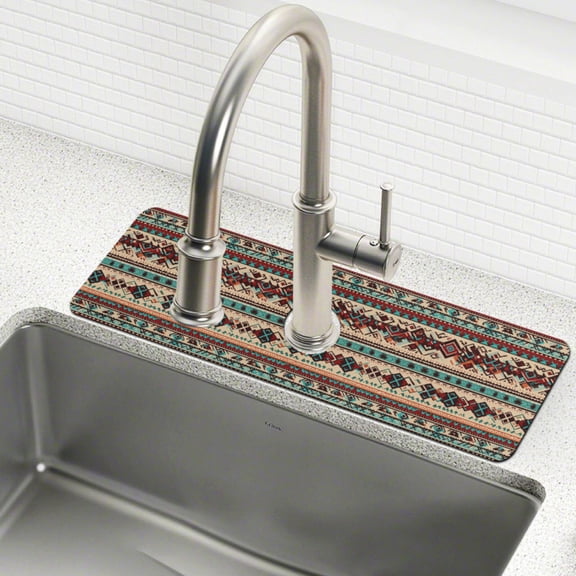 Yayeee Faucet Mat for Kitchen Sink 14.7" Diatomite Long Splash Guard Pad, Tribal Art
