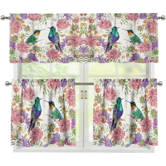 Hummingbird Flower Window Curtain 3 Piece Pink Hummingbird Spring Curtains Coffee Shop Window Valance and Tier Insulation Curtains for Room S