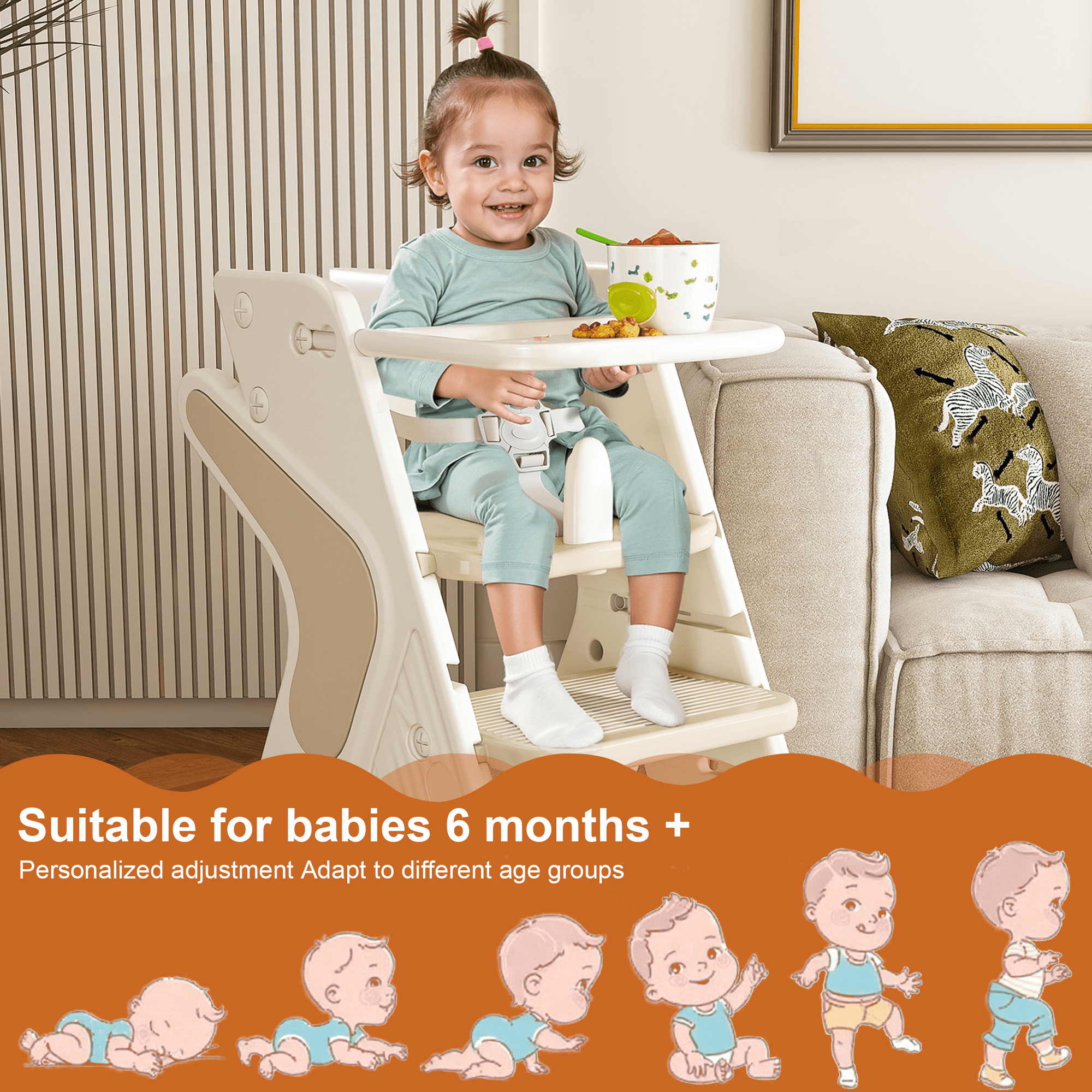 Wohh 3 in 1 Multi Functional Growing Up Dining Chair for Eating, Convertible Baby High Chair Toddler Learning Tower & Step Stool, Adjustable Height with 5-Point Harness, Removable Tray(Beige)