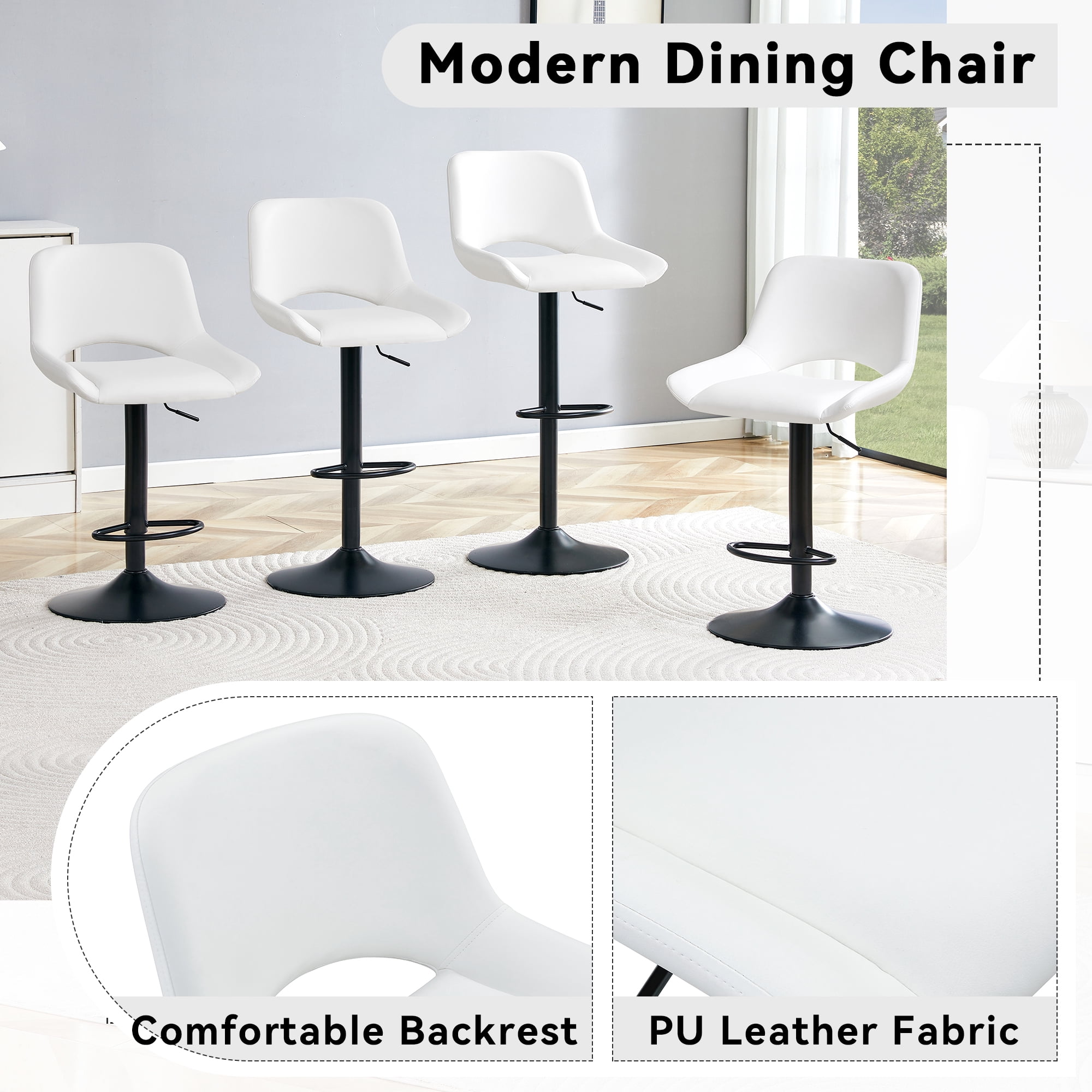 Mintazer Modern Bar Stools Set of 2, 360° Swivel PU Leather Bar Chairs with Circular Footrest & Adjustable Height, Counter Height Stools for Kitchen Island & Home Bar, White