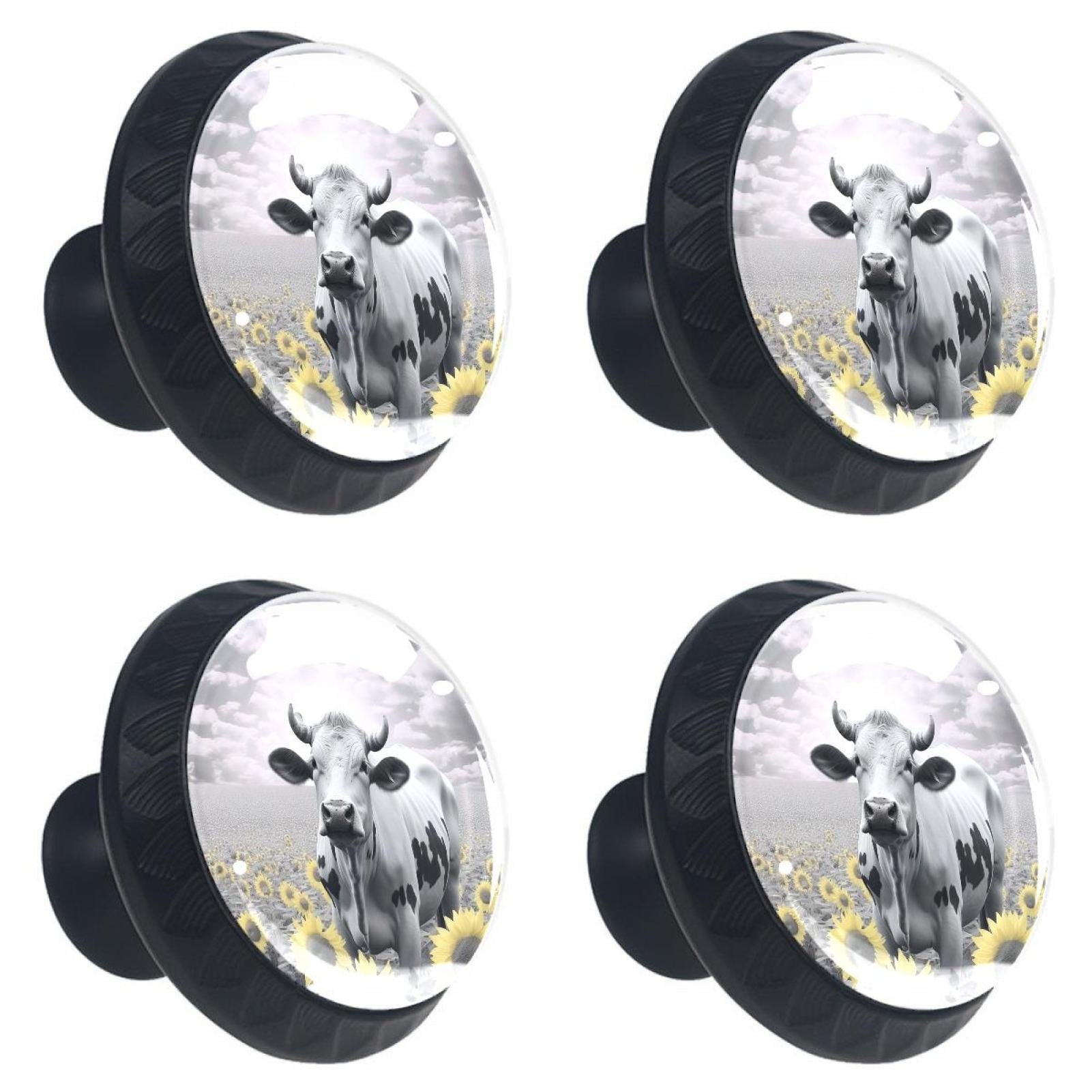 4 Pcs Cow and Sunflower Knobs for Kitchen Cabinet Cupboard Dresser Bookcase Drawer Pulls Handles Round Home Decor