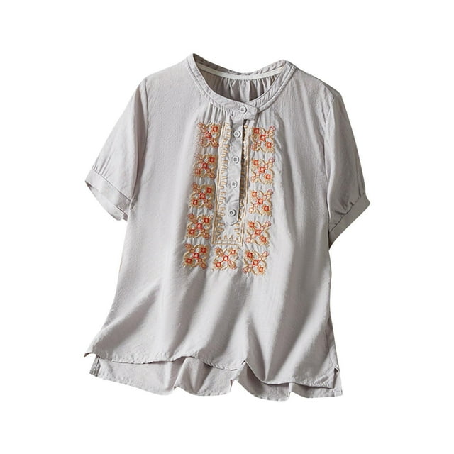 Pantalones Cortos para las Mujeres Sexy Bordado Imitación Algodón Lino Manga Corta Cuello Redondo Superior, Botón Doblado Hendidura Blusa Casual, Lavado de Manos