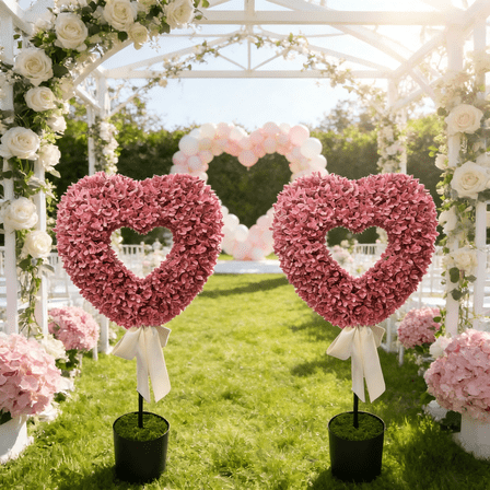 2-Pack Valentine's Day 32" Pink Hollow Heart-Shaped Hydrangea Boxwood Topiaries with White Bow, by FlareFable