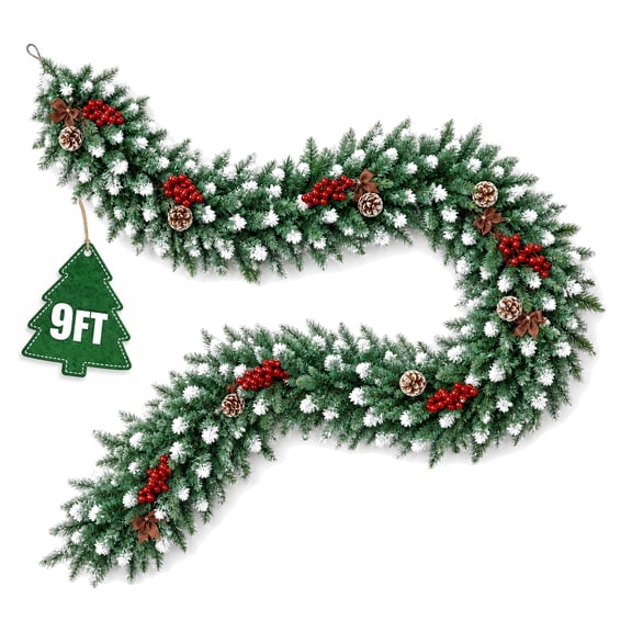 Glazina 9ft Snow Flocked Garland for Christmas Tree, Artificial Greenery with Red Berries and Pinecones for Decorations Indoor and Outdoor